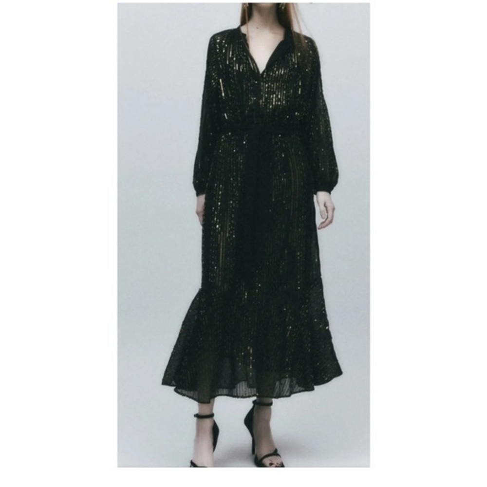 - NWT ZARA LIMITED EDITION ELASTIC WAIST MIDI SEQUINNED DRESS SLOT COLLAR …